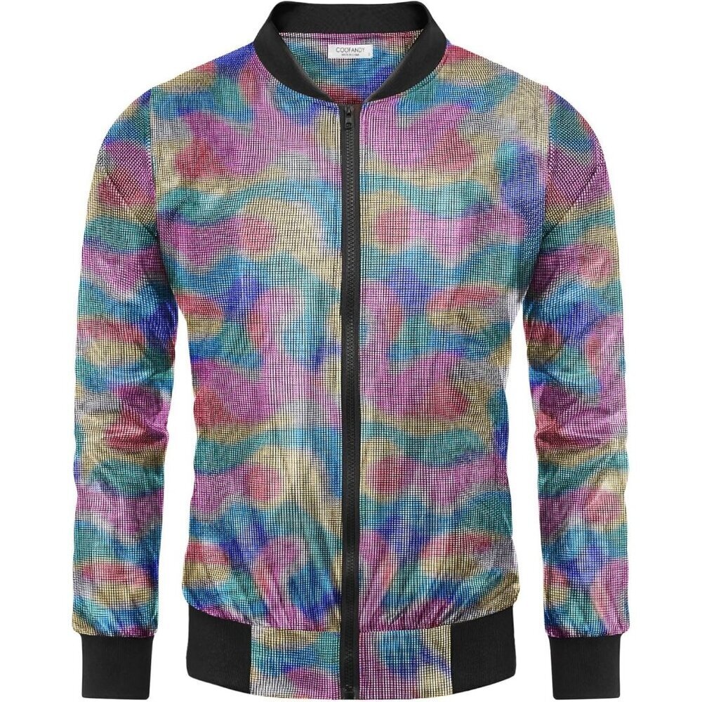 Men's Laser Gold Shiny Fabric Varsity Bomber Jacket Metallic Style Zipper Shirts